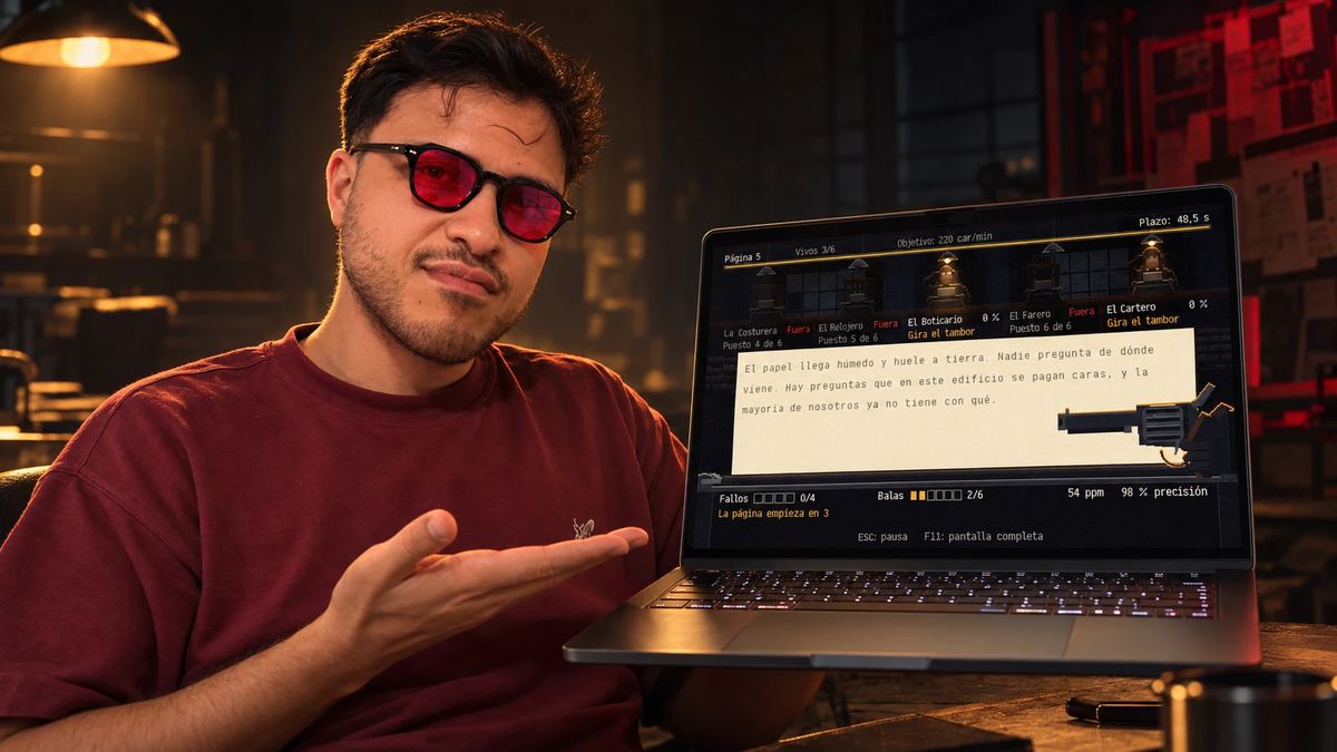 Miguel, con gafas de cristales rojos, señala un portátil con una partida de «Punto Final» en pantalla.