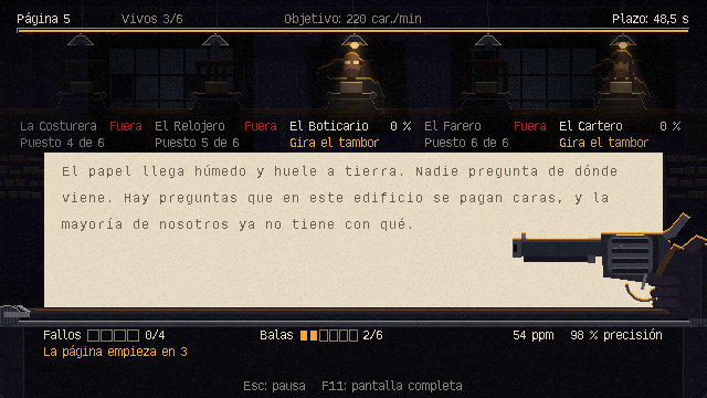 Captura de «Punto Final»: cinco jugadores en sus puestos, un texto que mecanografiar sobre papel y un revólver a la derecha.